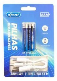 Pilha Palito AAA Recarregável Knup 2700mah Com Cabo Tipo-c  - <font color="#808080"><FONT SIZE=-2>Este produto é vendido por Marvel e entregue por Marvel</FONT></font> -  -  - 30722x