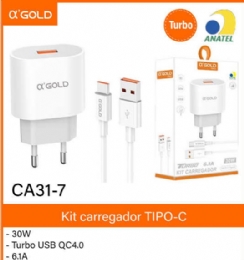 Carregador Turbo 30W A'Gold CA31 – Tipo C Ultra Rápido (6.1A) - 31906